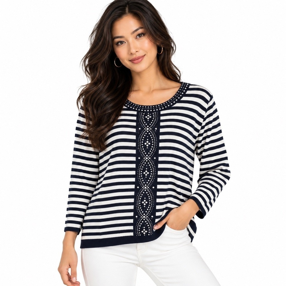 Alfred Dunner Knit Top Womens Large Navy White Studded Metallic 3/4 Sleeve